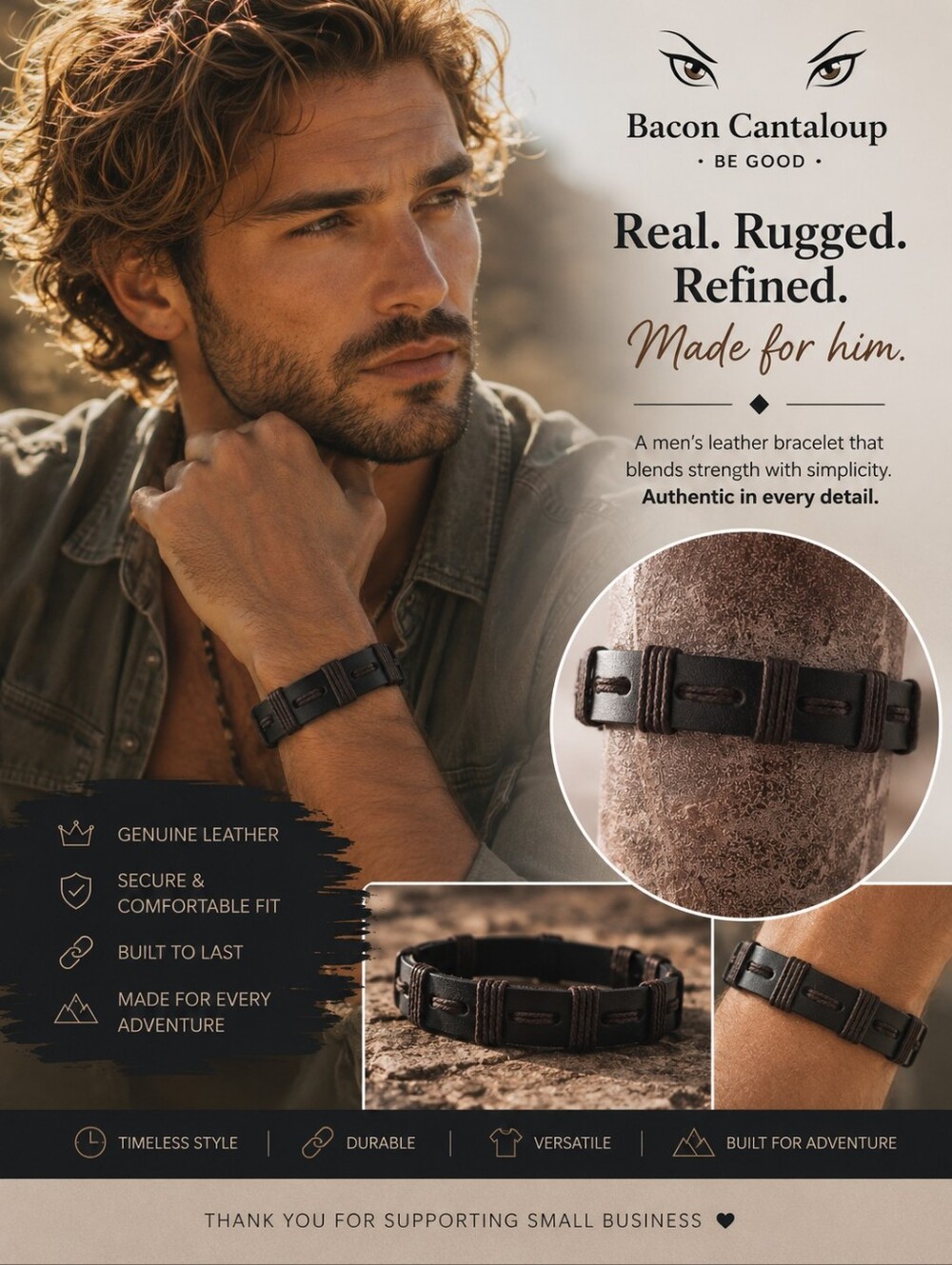 Men's Brown Leather Braided Closure Bracelet - Unbranded